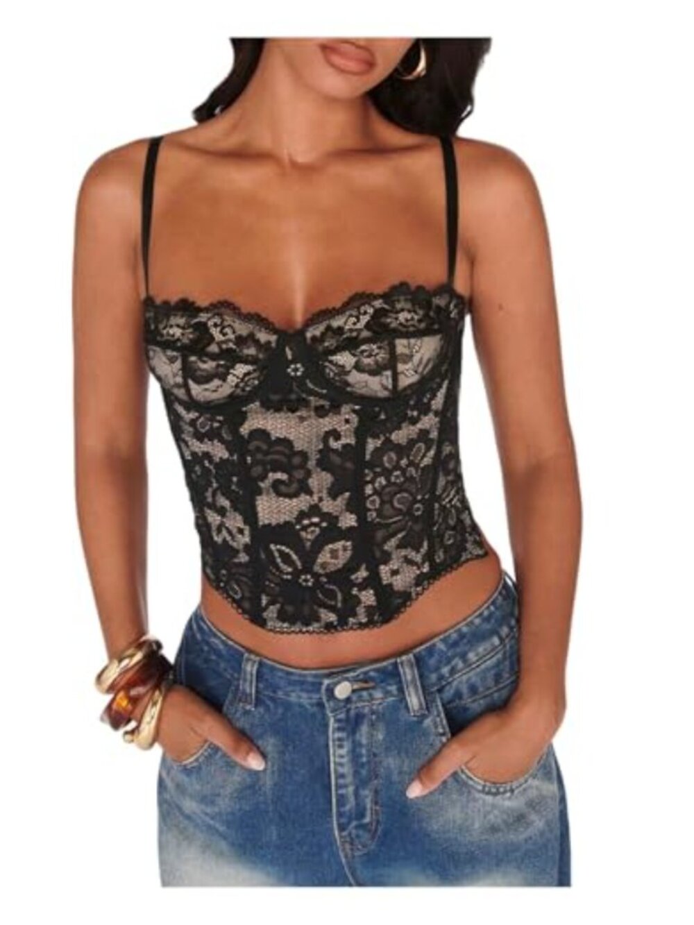 Women's Floral Lace Corset Tank Top, Asymmetrical Cami, Night Out Top